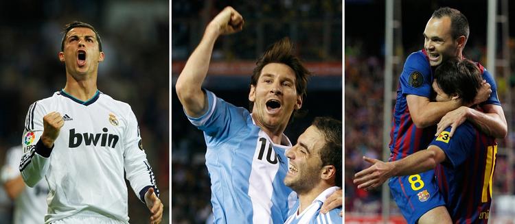 Top-3. Messi (i midten) vandt Ballon d'Or 2012 foran Ronaldo (t.v.) og Iniesta. 