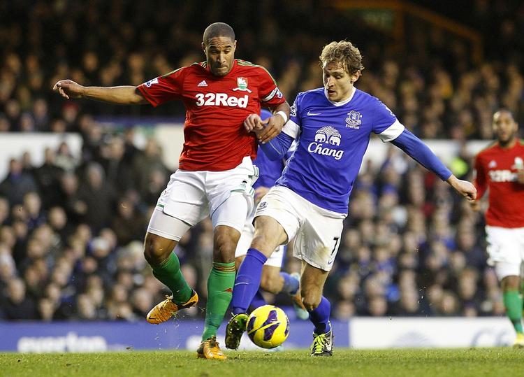 Nærkamp. Swanseas Ashley Williams (til venstre) duellerer med Evertons Nikica Jelavic i den målløse kamp. 