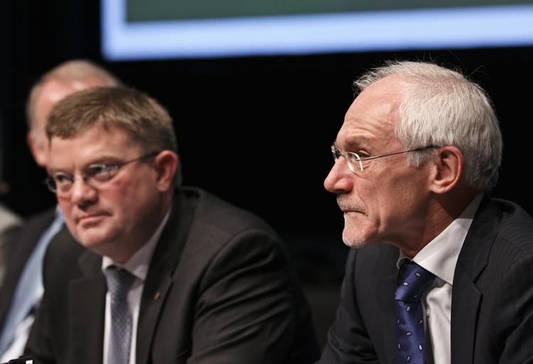 sigtede. Amagerbankens tidligere administrerende direktør administrerende direktør Jørgen Brændstrup og hans lige så tidligere bestyrelsesformand N. E. Nielsen (til højre) er to af de sigtede i sagen. 