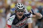 Vinder. Tyske André Greipel (Lotto-Belisol), der her jubler efter en etapesejr under Tour de France i 2012 slog samtlige konkurrenter i den første etape af Tour Down Under. 