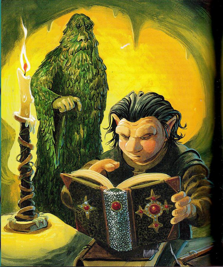 Fantasy. Der er både humarionetter, duhlrer, mennesker  og søgrønne lodne væsner i 'Fjende'. Tegning fra bogen:  Klaus Slavensky 