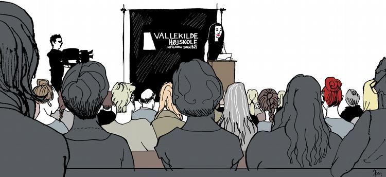 Forfatterliv. Håbefulde forfatterspirer og andre litteraturlystne kunne på Vallekilde Højskole i weekendens løb blandt andet opleve forfatterne Lone Hørslev (på tegningen) og Martin Glaz Serup  berette historier fra skønlitteraturens virkelige verden.  Tegning:  ANNE-MARIE STEEN PETERSEN 