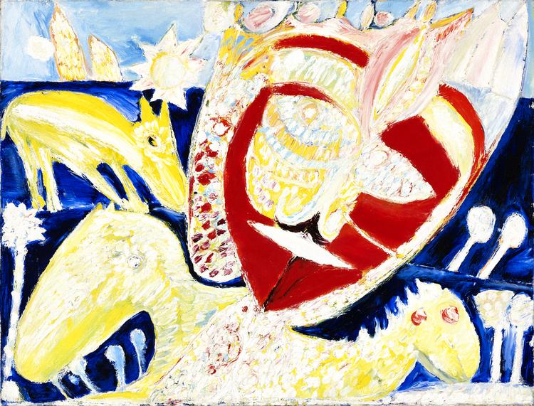 Maskemand. Den blå baggrund  med gule og røde figurer i naive former  med ubestemmelige dyr er typisk for  Carl-Henning Pedersen. 'Landskab med  rød maske' (1949), olie på lærred. 