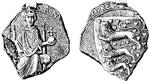 Frem af glemslen.  Knud VI gengivet på sit segl fra 1190'erne. Det er den eneste kendte kopi af seglet,  fundet i 1879 i det storhertugelige  arkiv i Mecklenburg-Schwerin  i Tyskland. På  bagsiden den  tidligste afbildning af Danmarks  rigsvåben. 