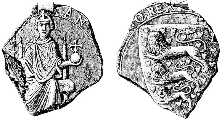 Frem af glemslen.  Knud VI gengivet på sit segl fra 1190'erne. Det er den eneste kendte kopi af seglet,  fundet i 1879 i det storhertugelige  arkiv i Mecklenburg-Schwerin  i Tyskland. På  bagsiden den  tidligste afbildning af Danmarks  rigsvåben. 