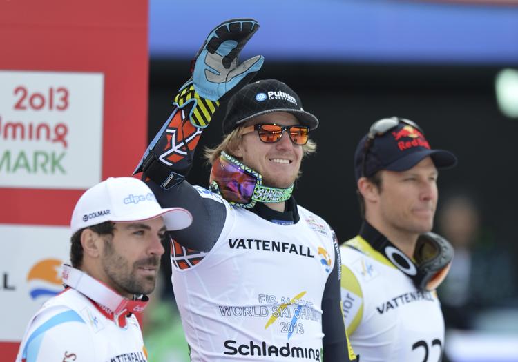 overraskelse. Ted Ligety (midt) vandt guld ved VM foran franskmanden Gauthier de Tessieres (tv) og Norges Aksel Lund Svindal. 