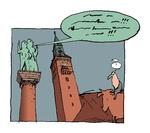 København. Københavnerne har magten over sproget i hele landet. Hovedstaden er centrum for stort set al sprogudvikling i Danmark. Tegning: Per Marquard Otzen 