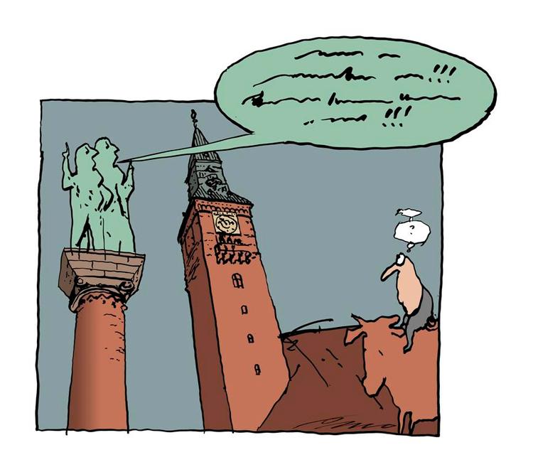 København. Københavnerne har magten over sproget i hele landet. Hovedstaden er centrum for stort set al sprogudvikling i Danmark. Tegning: Per Marquard Otzen 