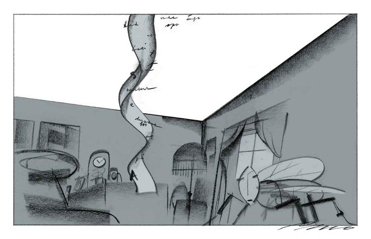 Bogens  første  sætning.  »Andres boliger virker dystre og opslugende på mig når jeg ser dem udefra, flue og fluepapir (jeg fluen)«.  Tegning: Per  Marquard Otzen 