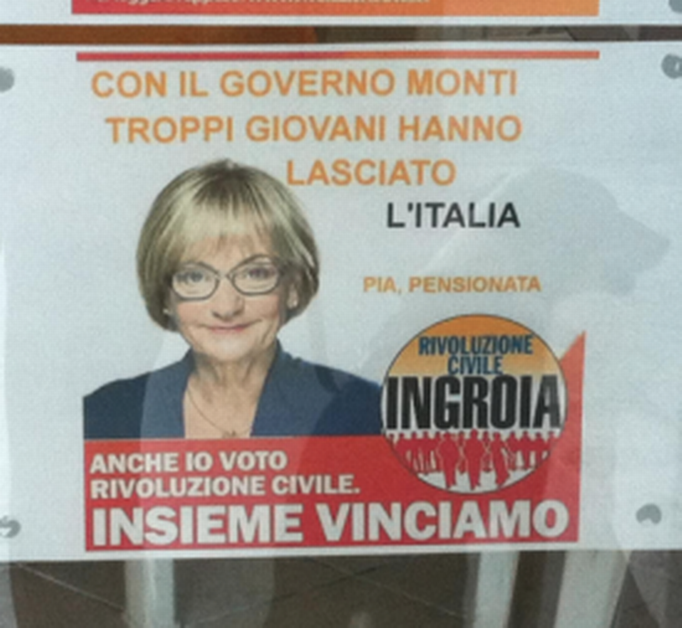 Pensionist. Pia Kjærsgaard er blevet til pensionist og støtte for den vestreorienterede politiker Antonio Ingroia i Italien. Dog ikke frivilligt. 