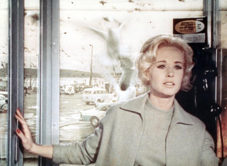 Fobi. Her ses en meget skræmt Tippi Hedren i af mange berømte scener fra 'Fuglene'.