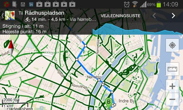 Stigninger. Mange bruger Google Maps på Android hver dag, uden at vide hvad den egentlig kan. Blandt andet kan kortet vise hvor stor en stigning du tilbagelægger - for eksempel fra Rådhuspladsen til Tagensvej som vist her på billeedt. 
