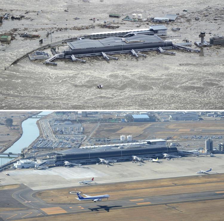 Sendai-lufthavnen i Natori 11. marts 2011 og 4. marts 2013. 