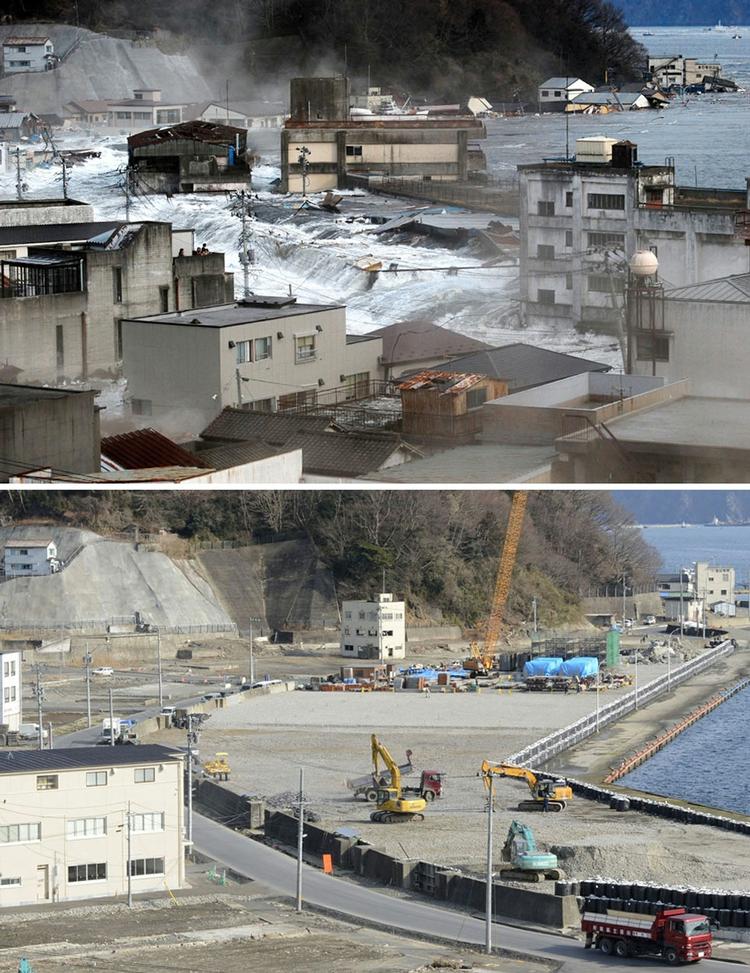 Havnen i  Kamaishi 11. marts 2011 og 27. februar 2013. 