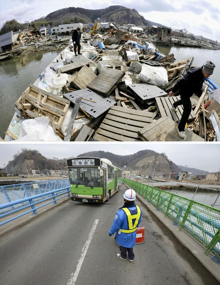 En bro ved Ishinomaki 22. marts 2011 og 1. marts 2013. 