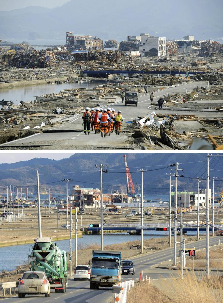 Minamisanriku 13. marts 2011 og 2. marts 2013. 