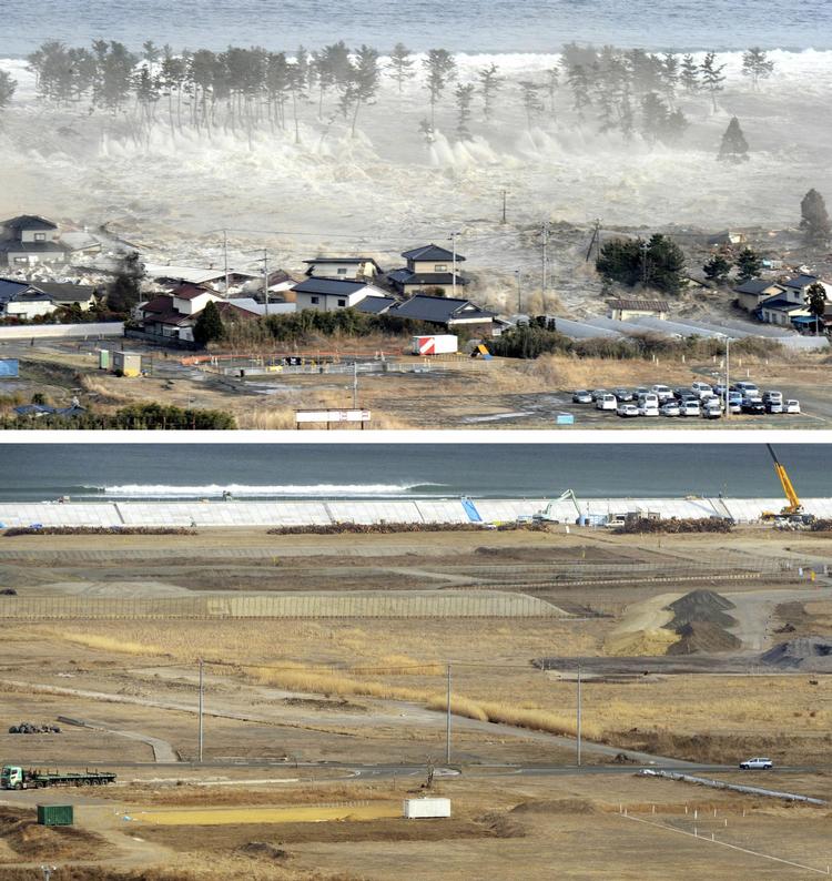 Kysten ved Natori 11. marts 2011 og 6. marts 2013. 