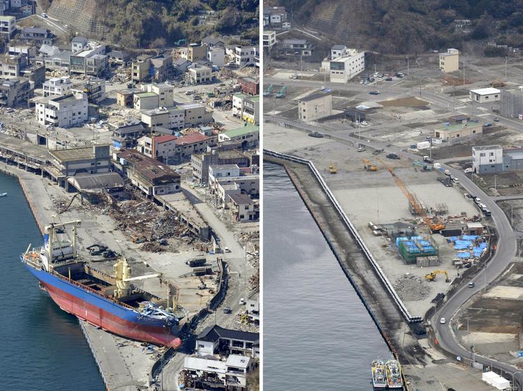 Havnen i Kamaishi 10. april 2011 og 1. marts 2013. 