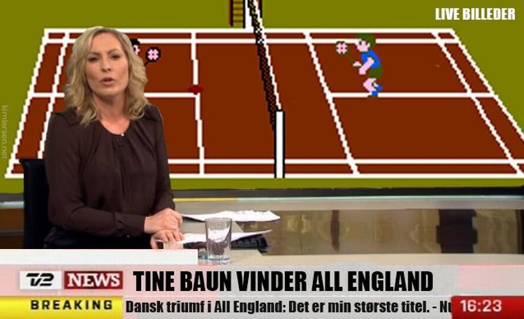 IRONI. Sådan skulle det ifølge en Facebook-bruger have set ud, da TV 2 fortalte om badmintonspilleren Tine Baums sejr i All England tidligere på dagen. Billedet er en hentydning til TV 2's indslag, hvor man illustrerede en historie om Syrien med et billede fra computerspillet Assassin's Creed. 