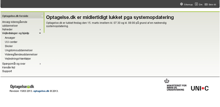 Nedbrud. Optagelse.dk, hvor unge i dag har Kvote 2-ansøgningsfrist til videregående uddannelser, er nede. 