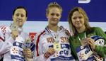 doping-karantæne. Russiske Ksenia Moskvina (midt), da hun vandt de europæiske mesterskaber på 100 meter rygcrawl i 2009. 