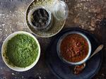 Smag. Fra venstre mod højre: 4. salsa verde, 5. oliventapenade og 6 harissa. 