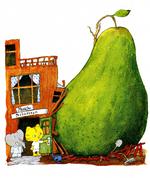 megapære. Micho og Sebastian konstarerer, at pæren er blevet enormt stor enormt hurtigt. Se tegningen i fuld figur nederst. Tegning: Jakob Martin Strid 