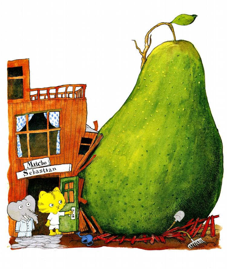 megapære. Micho og Sebastian konstarerer, at pæren er blevet enormt stor enormt hurtigt. Se tegningen i fuld figur nederst. Tegning: Jakob Martin Strid 