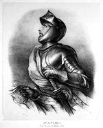 Sværdsiden. Især mændene  er repræsenteret. For eksempel sir Walter Scotts korsridder Ivanhoe. Litografi 1819: Fra bogen 