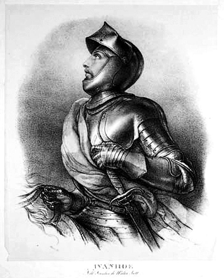 Sværdsiden. Især mændene  er repræsenteret. For eksempel sir Walter Scotts korsridder Ivanhoe. Litografi 1819: Fra bogen 