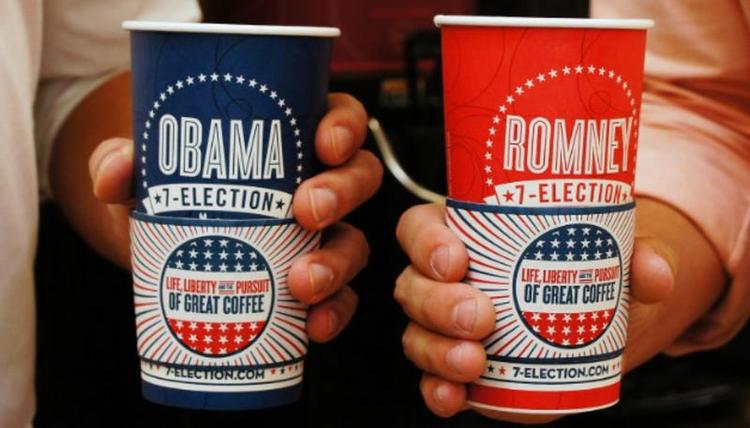 KAPLØB. Amerikanske 7-Eleven-kiosker registrerer, om kaffekunder støtter Barack Obama eller Mitt Romney. Resultatet af kapløbet har tidligere vist sig at være forbløffende retvisende for virkelighedens valg. 
