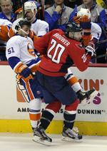 ASSIST. New York Islanders' udlignende mål havde Frans Nielsen (tv.) som assist, men Troy Brouwer og Washington Capitols vandt kampen på straffeslag. 