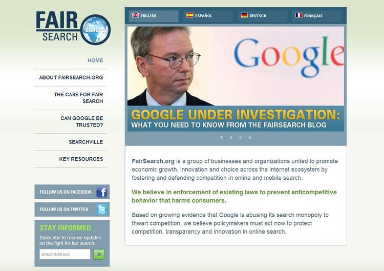 KLAGE. En gruppe tech-firmaer og websites er gået sammen om at klage til EU over Googles forskels behandling af apps til Android. Det sker som et led i en større lobby-satsning i gruppen Fairsearch Europe (skærmdump) 
