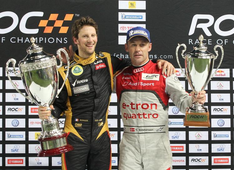 Legendarisk. Tom Kristensen (t.h.) har vundet Le mans otte gange i karrieren, men måtte i efteråret 2012 se sig slået af Romain Grosjean i Race Of Champions-løbet i Thailand. 