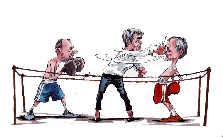 Knockout. Regeringen er blevet anklaget for at have lavet et lokumsaftale med KL om, hvordan konflikten om lærernes arbejdstid skal ende. Tegning: Roald Als 