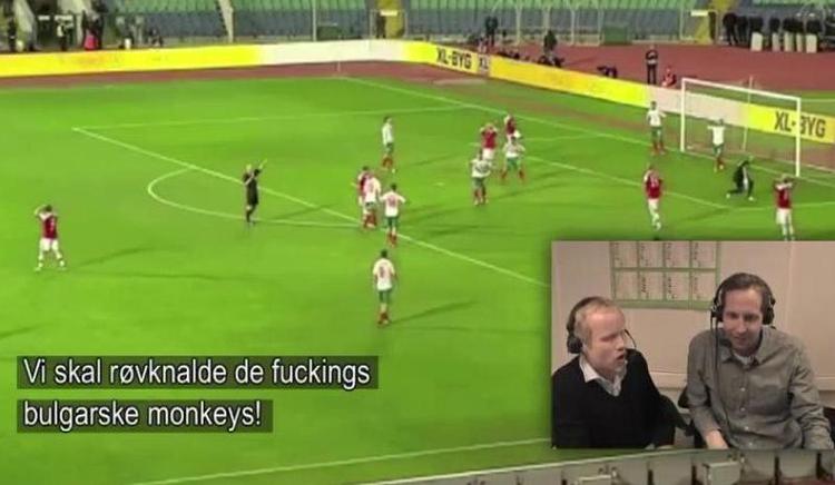 Knaldeparken. Her er Morten Ramm (th) og kommentator Øyvind Alsaker i gang med at kommentere fodboldkampen mellem Bulgarien og Danmark. 