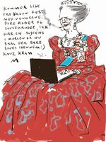 Moderne. Dronning Margrethe er - så vidt vides - ikke blandt de danskere, der er på Facebook. Tegning: Mette Dreyer 