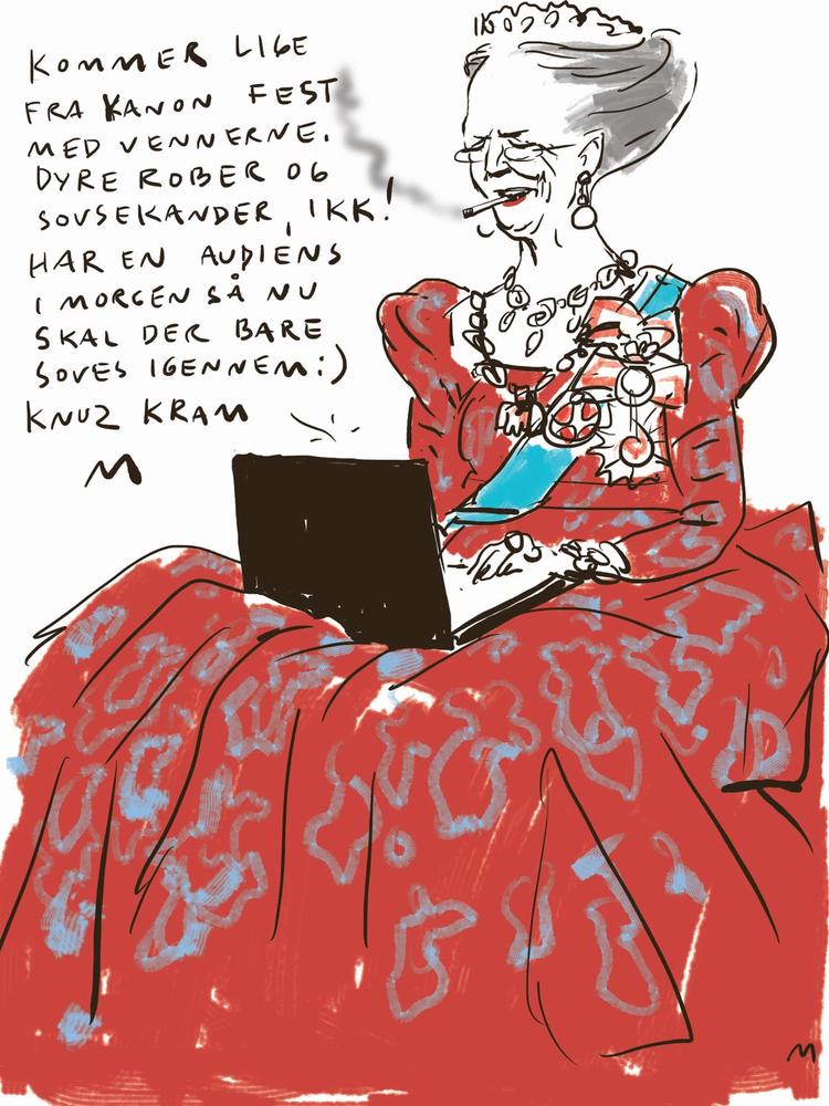 Moderne. Dronning Margrethe er - så vidt vides - ikke blandt de danskere, der er på Facebook. Tegning: Mette Dreyer 