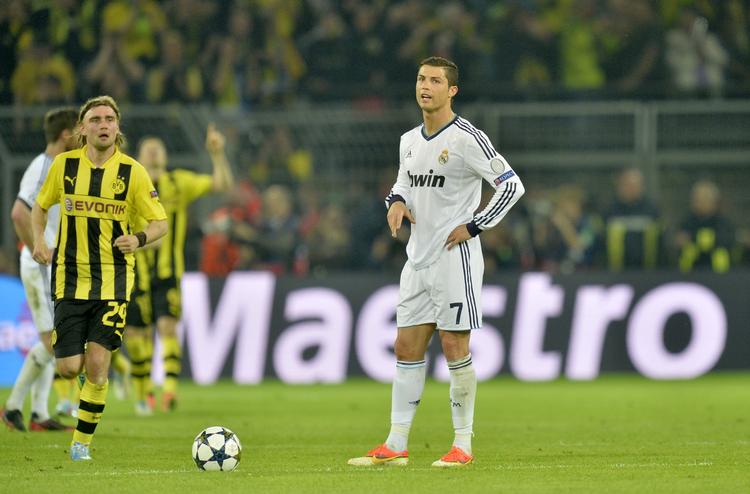 klar. Real Madrids Cristiano Ronaldo (th) scorede det enlige mål for spanierne i første kamp mod Dortmund. 