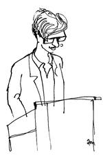 Overtræden. Digteren og dynamolygten Martin Glaz Serup fanget på Vallekilde-festivalen. Arkivtegning: Anne-Marie Steen Petersen 