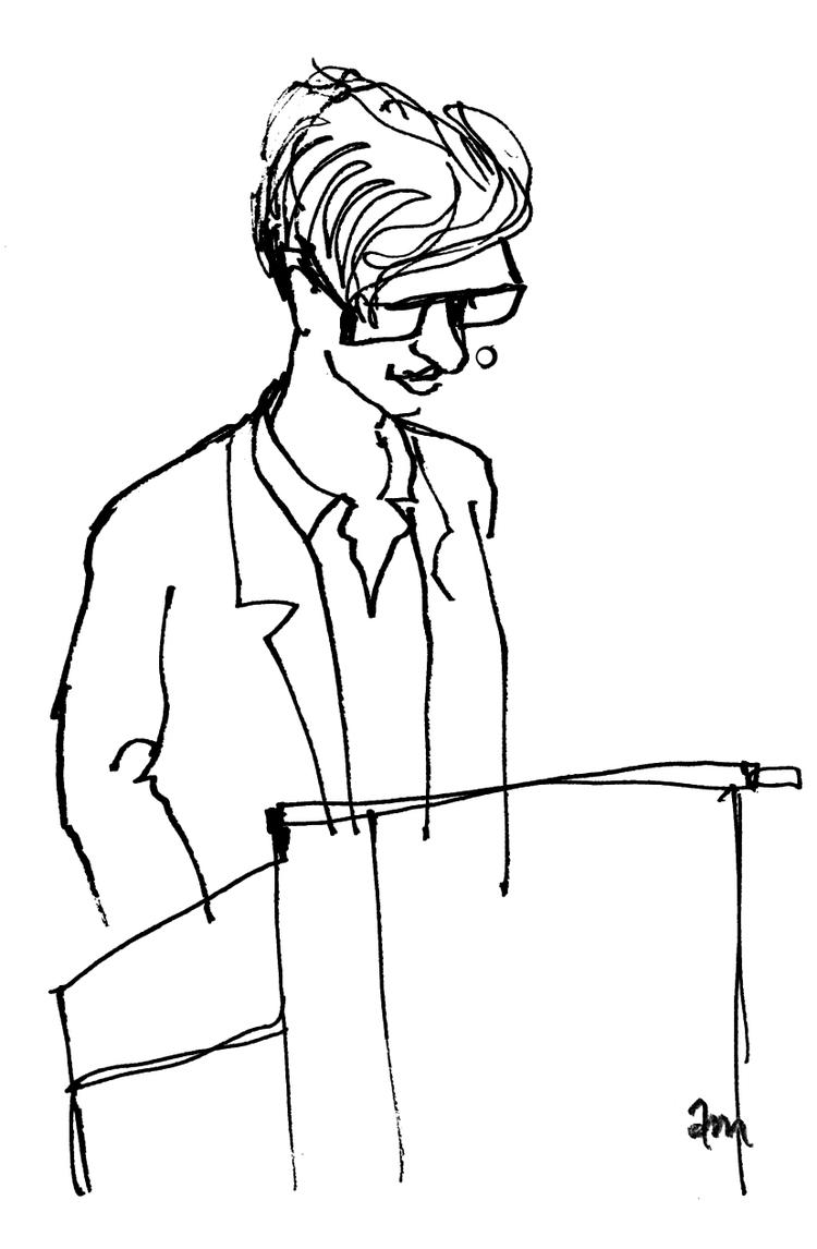 Overtræden. Digteren og dynamolygten Martin Glaz Serup fanget på Vallekilde-festivalen. Arkivtegning: Anne-Marie Steen Petersen 