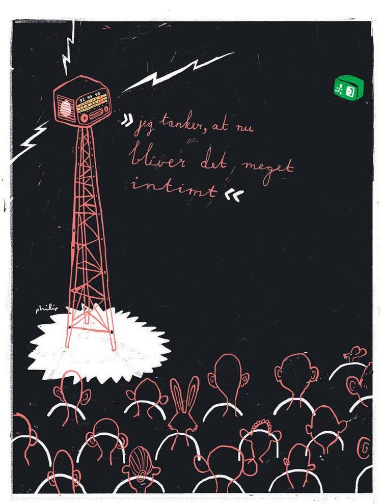 Shh! 11 unge radioentusiaster inviterer til radiobiograf hver den første tirsdag i måneden. Klik på tegningen for at se den i fuld størrelse. Tegning: Philip Ytournel 