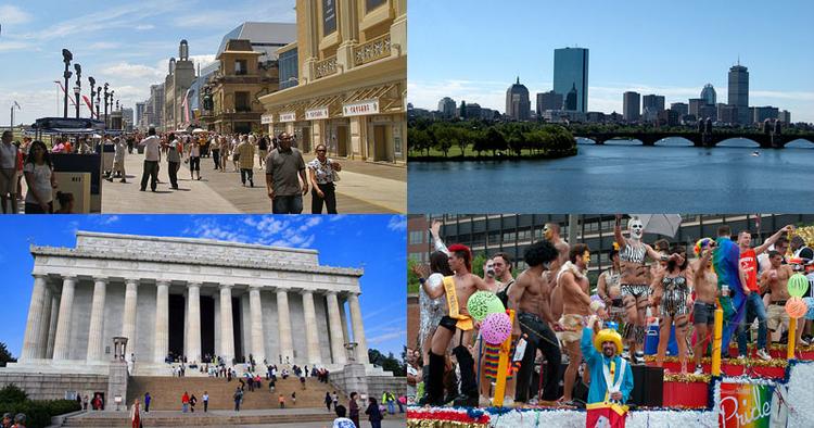 UDFLUGTER. Fire byer kan nås på en dagstur fra New York. Øverst fra venstre og med uret er det Atlantic City, Boston, Washinton D.C. og Philadelphia. 
