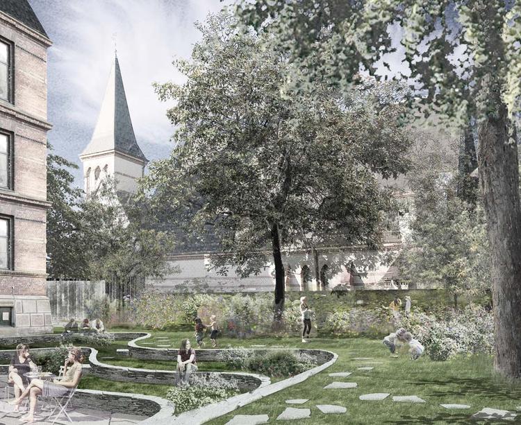 Naturterapi. Træer og blomster i Danners have på Nansensgade i København er endnu ikke sprunget ud. Billedet er animeret, men haven er taget i brug, så vidt som det endnu er muligt. 