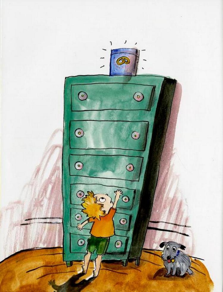 Øv. Kagedåsen er uden for rækkevidde, når man kun måler en meter og 15  centimer. 