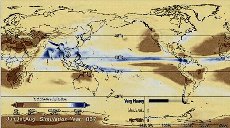 Vejr. Det blå bælte viser områder med meget ekstrem regn om 87 år  ifølge Nasa's modelberegninger. Det mørkebrune er tørkeramte områder, og det lysebrune steder med moderat regn.  Illustration: Nasa 