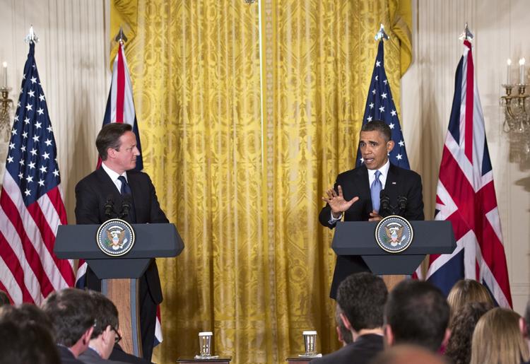 Pressemøde. Obama og den britiske premierminister, David Cameron, i Det Hvide Hus i Washington 