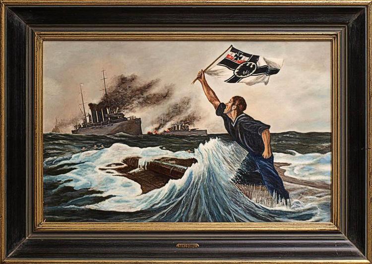 Sidst. Når ens skib sank, havde man opfyldt sin pligt som soldat og måtte forsøge at redde sit eget liv. Hans Bohrdts maleri blev brugt som postkort. Illustration: Hans Bohrdt 