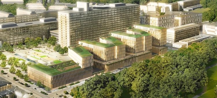 Nordfløjen. Rigshospitalets nye bygning er tegnet i zigzag-form med en gang, der går igennem, så personalet nemt kan komme rundt uden at forstyrre patienterne på stuerne. (Illustration) 