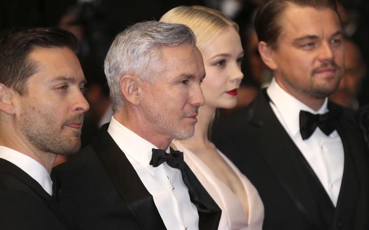 Tobey Maguire, instruktør Baz Luhrmann, Carey Mulligan og Leonardo DiCaprio på den røde løber. 